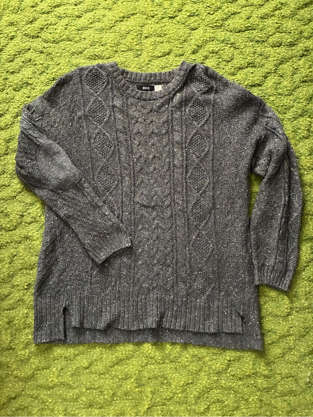 BDG Cable Knit Sweater with Elbow Patches in Charcoal Gray - Picture 2 of 9
